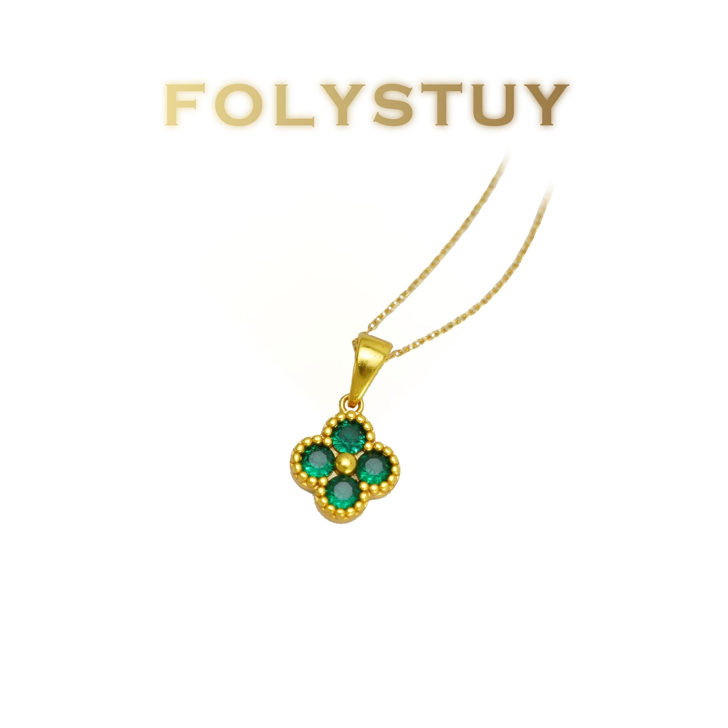 FOLYSTUY(YNK20) 24k gold filled 4-leaf clad greenstone pendant