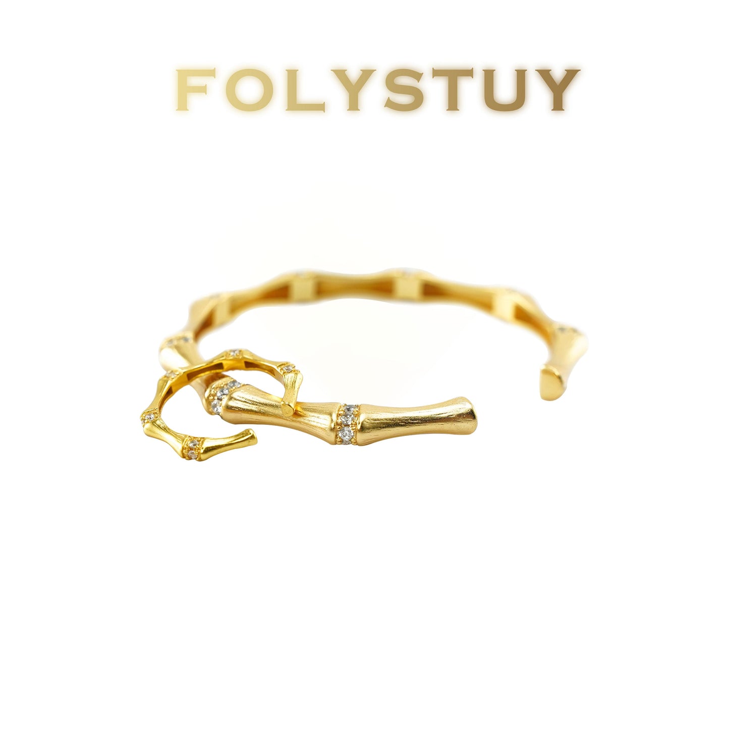 【FOLYSTUY (YNT09)】24k gold filled Adjustable brushed bamboo bracelet set with diamonds