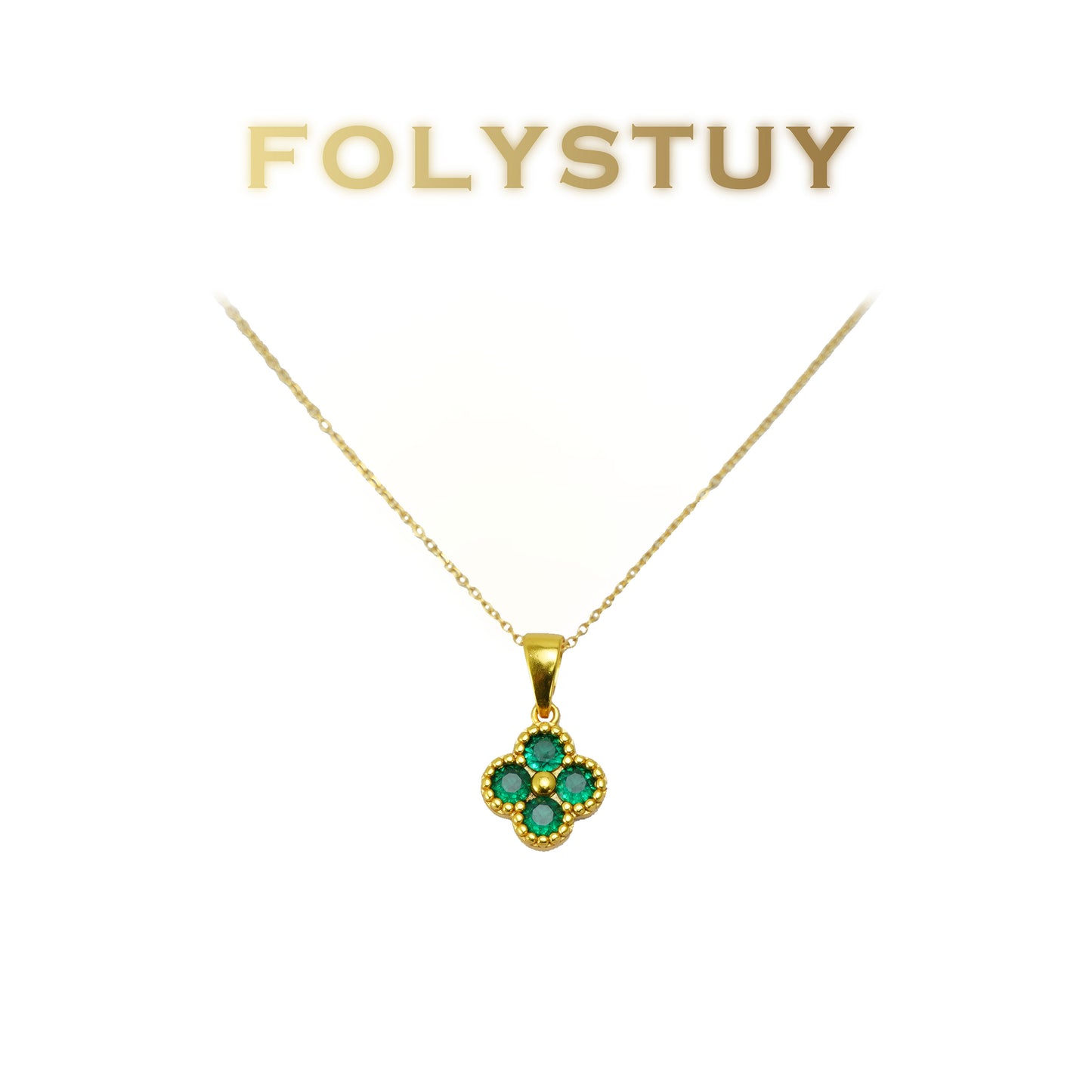 FOLYSTUY(YNK20) 24k gold filled 4-leaf clad greenstone pendant