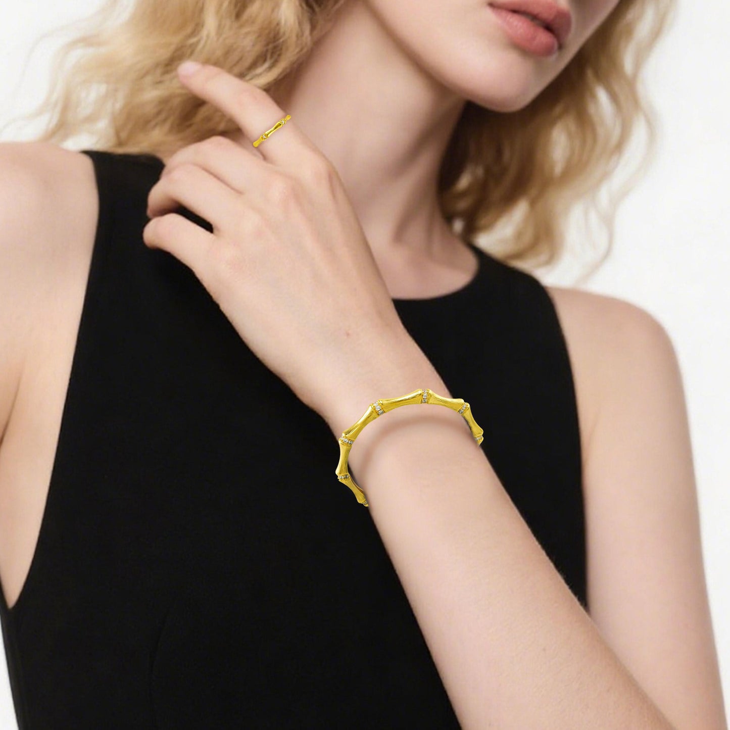 【FOLYSTUY (YNT09)】24k gold filled Adjustable brushed bamboo bracelet set with diamonds