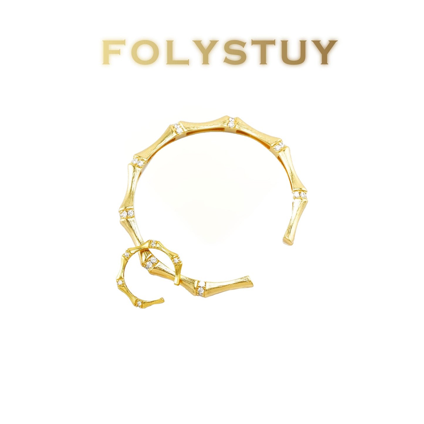 【FOLYSTUY (YNT09)】24k gold filled Adjustable brushed bamboo bracelet set with diamonds