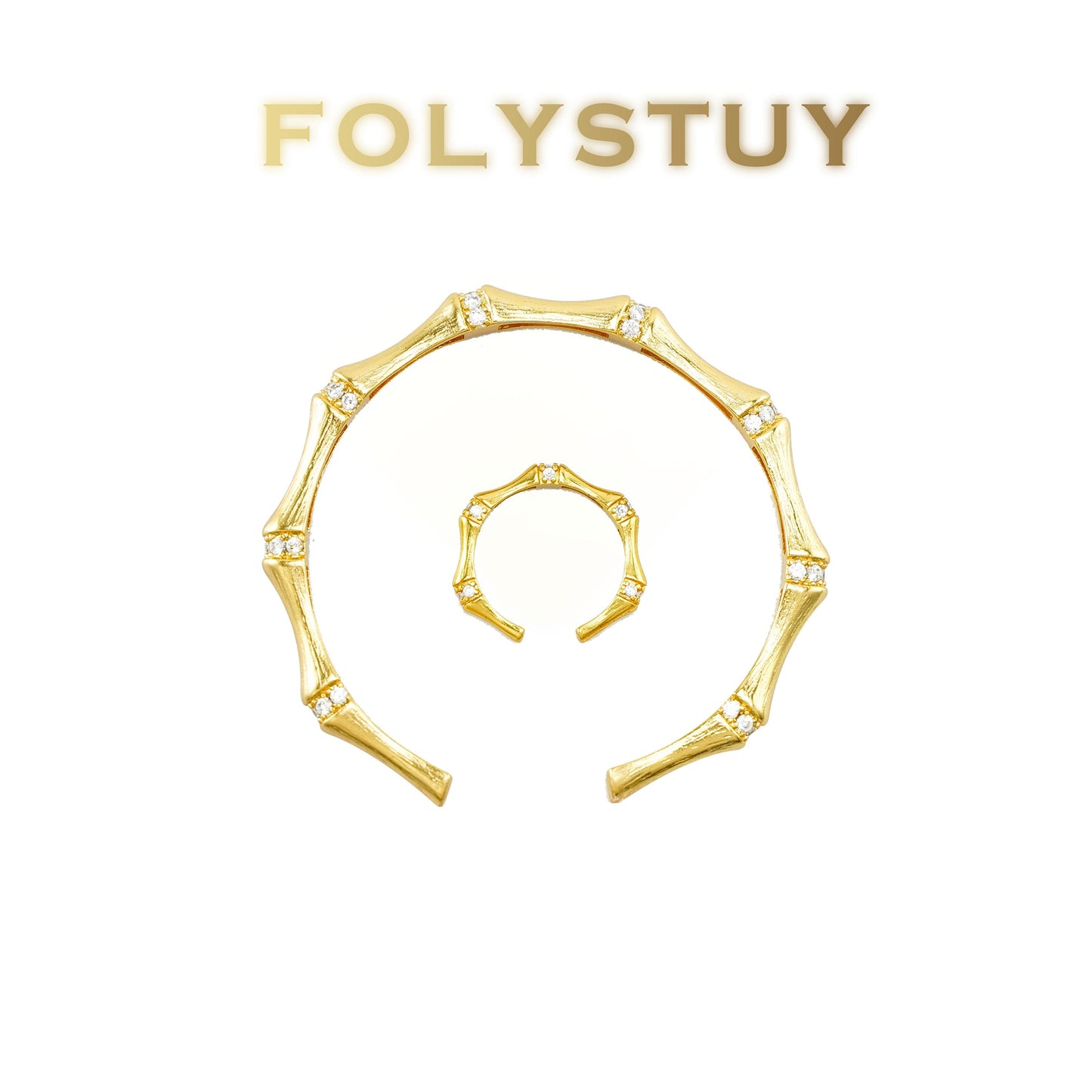 【FOLYSTUY (YNT09)】24k gold filled Adjustable brushed bamboo bracelet set with diamonds