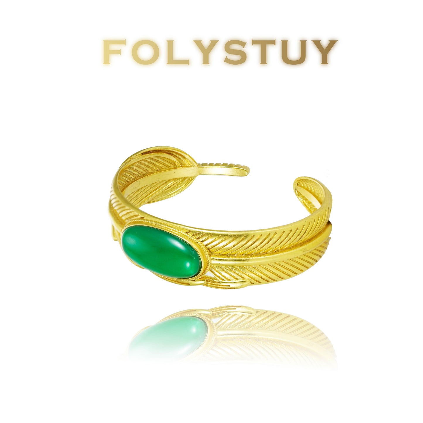 【FOLYSTUY (YNT02)】24k gold filled Feather Bangle inlaid with Agate