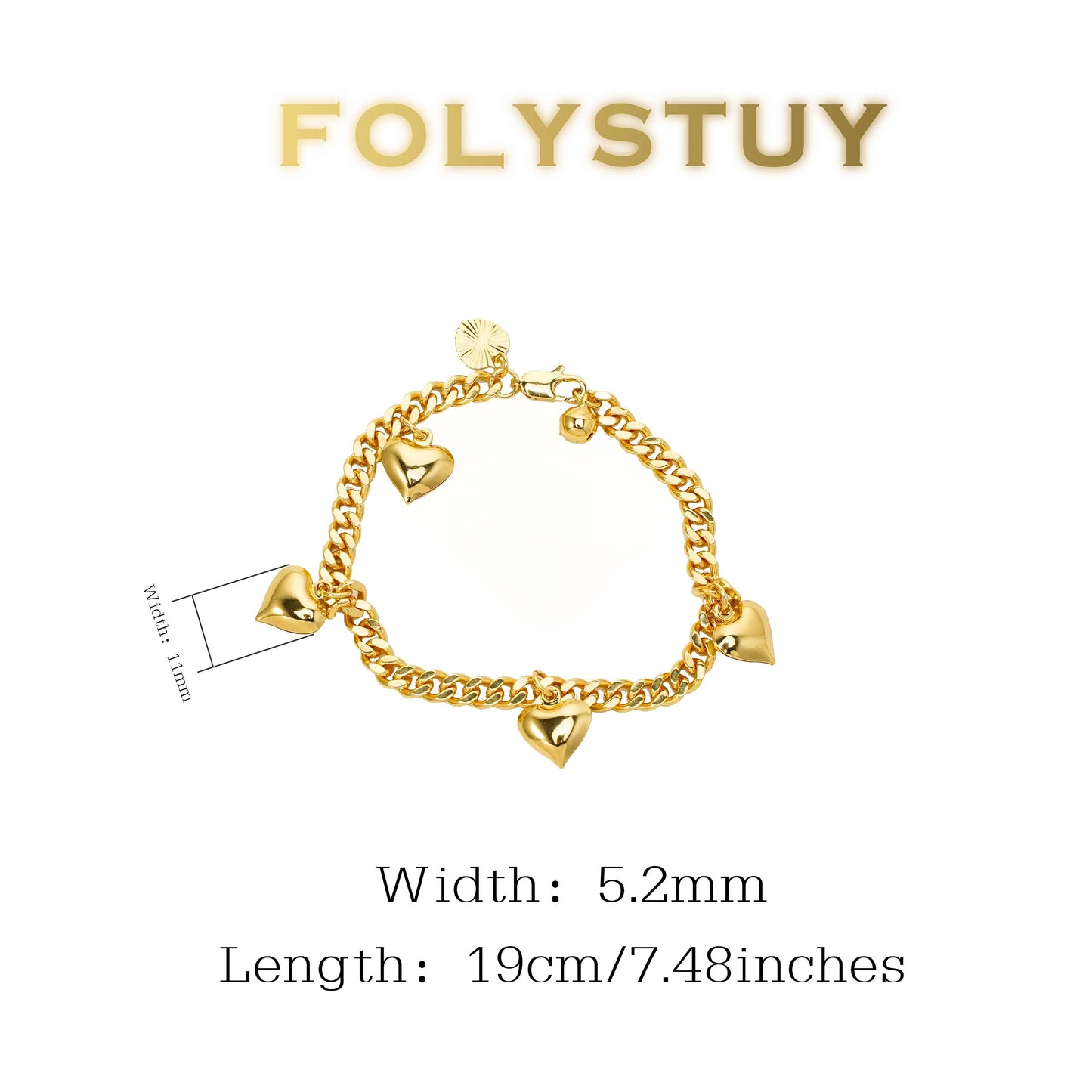 【FOLYSTUY(W161)】24k gold filled Multi-Heart Cuban Link Hand Chain