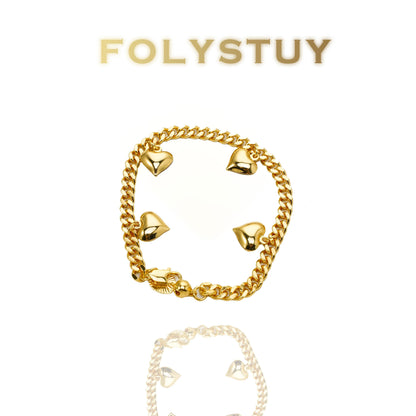 【FOLYSTUY(W161)】24k gold filled Multi-Heart Cuban Link Hand Chain