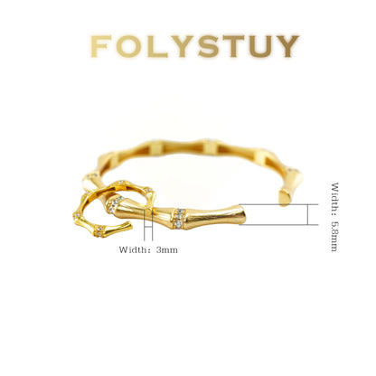【FOLYSTUY (YNT09)】24k gold filled Adjustable brushed bamboo bracelet set with diamonds