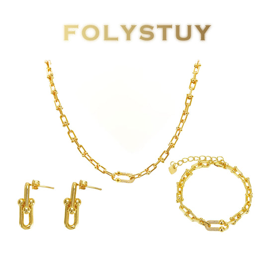 【FOLYSTUY (Y126)】24k gold filled Paperclip  Chain Link Necklace Set