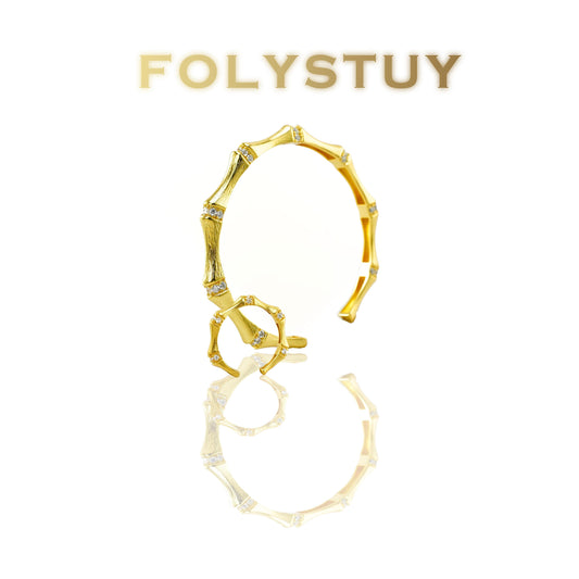 【FOLYSTUY (YNT09)】24k gold filled Adjustable brushed bamboo bracelet set with diamonds