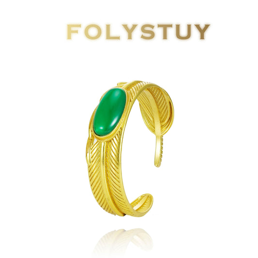 【FOLYSTUY (YNT02)】24k gold filled Feather Bangle inlaid with Agate